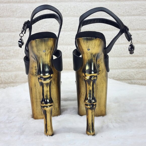 Gold / Brass Skull & Bones Red LED Platform 8" Heels Pole Shoes Vortex - Picture 10 of 14